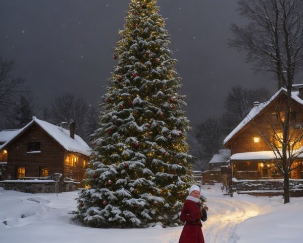 Person in Red Coat Admiring Christmas Tree on Snowy Evening