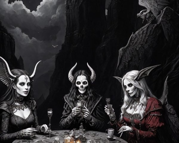 Monochrome Fantasy Scene with Characters Toasting