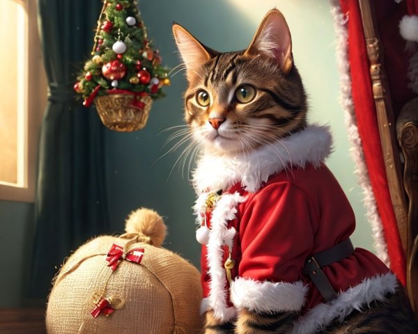 Cat in Santa Costume with Christmas Decor