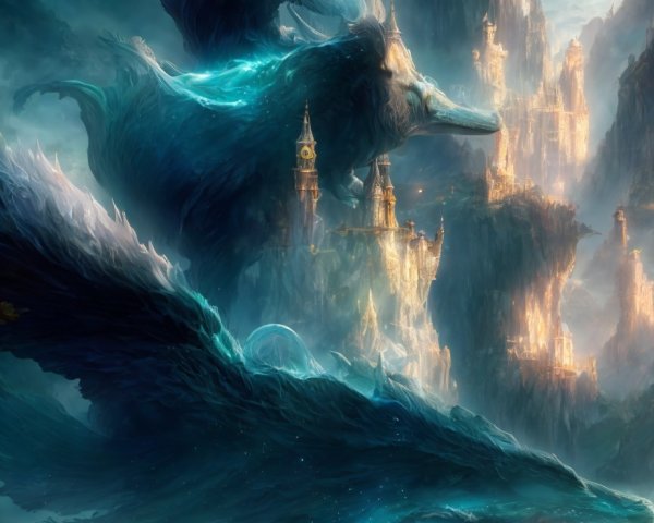 White dragon perched on stormy ocean waves near cliffside fantasy kingdom
