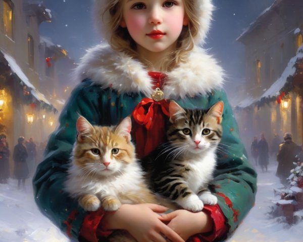 Young girl in festive dress with kittens in snowy setting