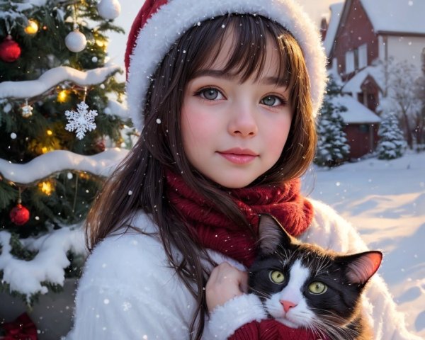 Young girl in Santa hat with cat by snowy Christmas tree & houses