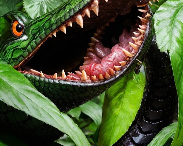 Detailed Illustration of a Green Snake Among Leaves