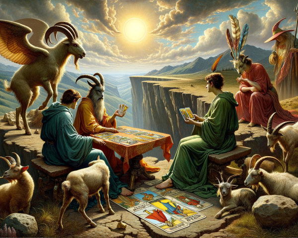 Mystical Figures Playing Tarot on Mountain Cliff at Sunset