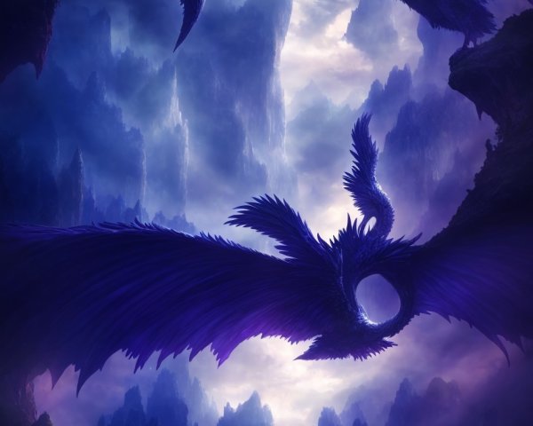 Fantastical dusk landscape with flying dragons and towering rock formations