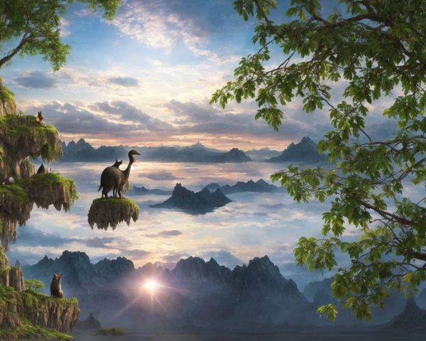 Fantastical landscape with floating islands, lush greenery, grazing animal, mountains, sunrise, low