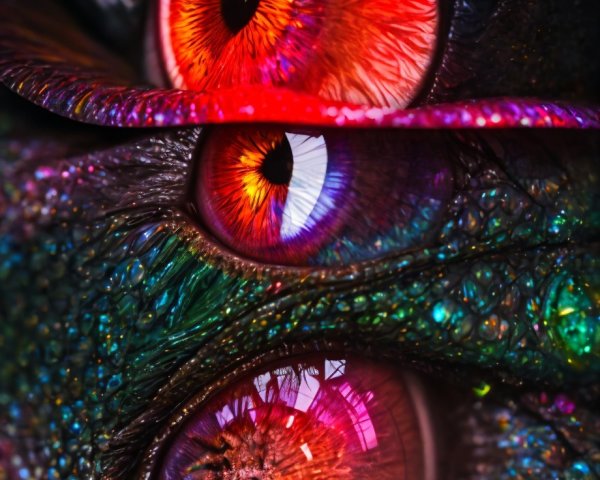Close-up of vibrant multicolored eyes with detailed eyelashes on dark background