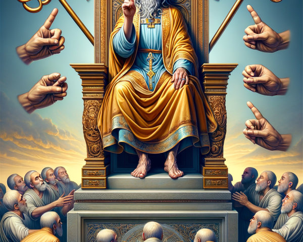 Regal Figure on Throne Surrounded by Worshipful Figures
