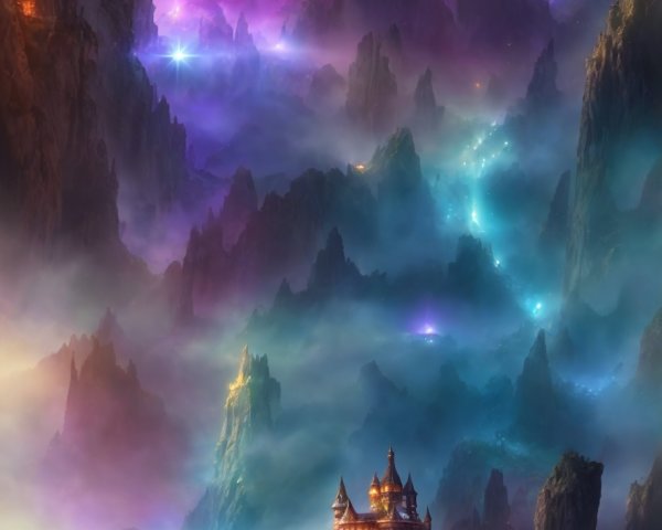Mystical landscape with floating mountains and ancient castle