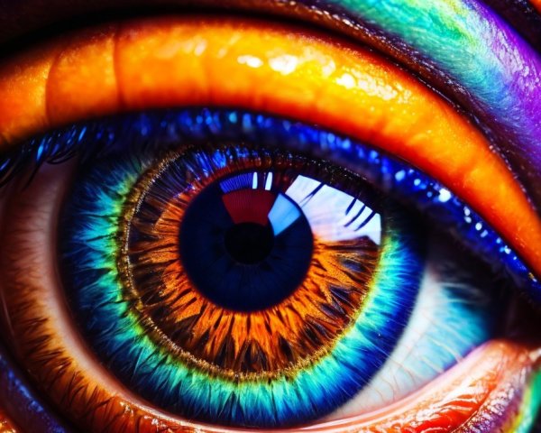 Vividly colored eye with rainbow-hued makeup enhancing natural beauty