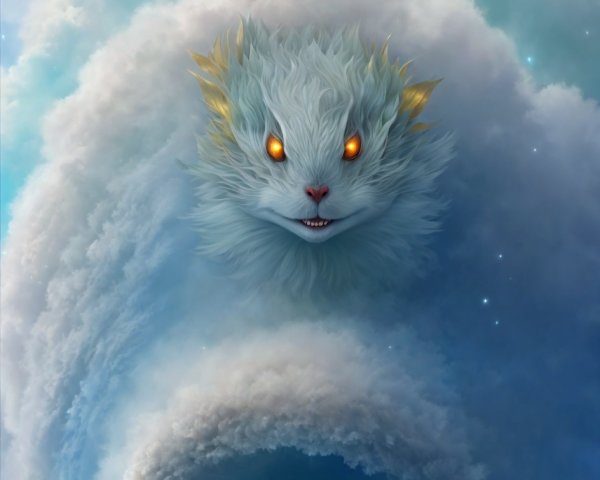 Fluffy white cat with golden eyes in cosmic whirlpool with flame tail