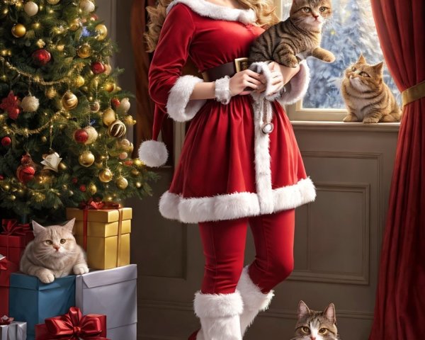 Woman in Santa costume with cats in festive room