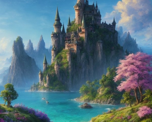 Fantastical castle on cliff with turquoise river, pink blossom trees, and deer.