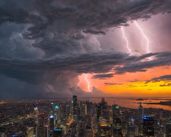 Dramatic City Skyline Under Lightning and Sunset