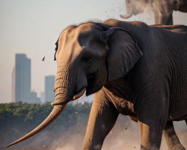 Elephant with Tusks in Dusty Landscape and Skyline