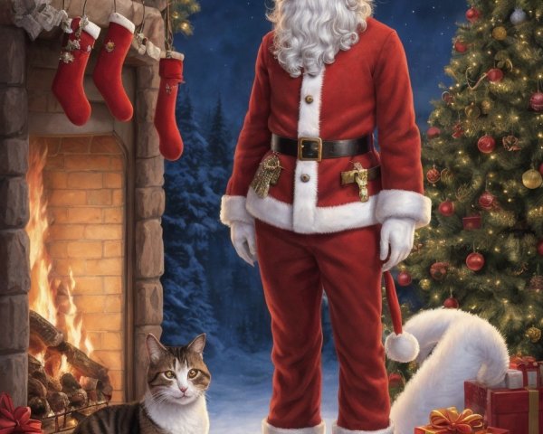 Illustrated Santa Claus by Fireplace with Christmas Tree, Presents, and Cat