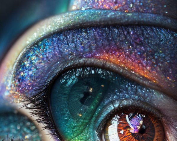 Detailed Close-up of Human Eye with Iridescent Makeup in Blue and Purple