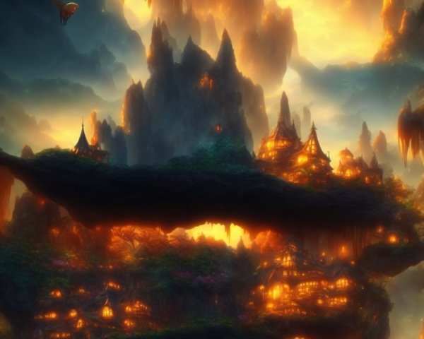 Ethereal fantasy landscape with towering spires and glowing river