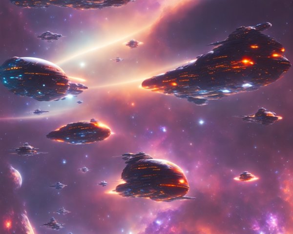 Futuristic spaceships in vibrant nebula under crescent moon
