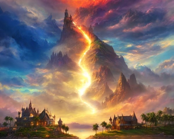 Vibrant sunset skies over fantastical landscape with floating lanterns and castle.