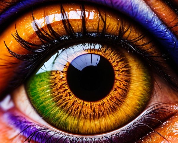 Detailed close-up of vibrant multicolored iris and highlighted eyelashes.