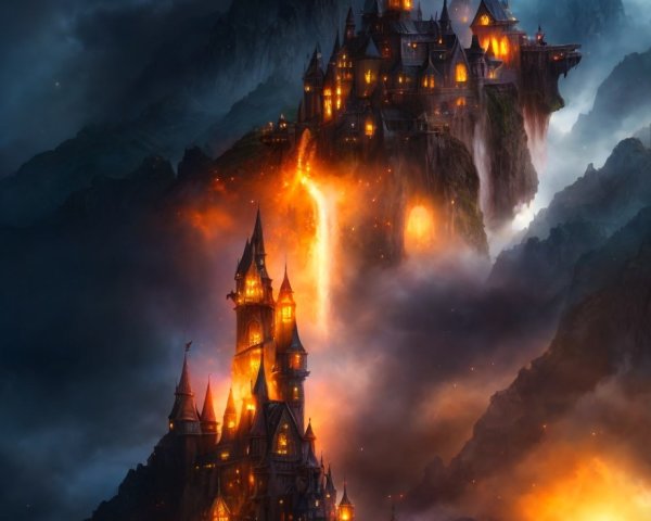 Fantasy castle on rugged cliffs with dragon in fiery sky