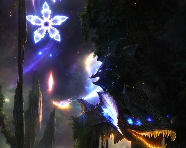 Dragon emerging from lush forest beneath bright stellar display & flower-shaped nebula
