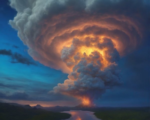 Massive volcanic eruption with fiery lava and ash plume in dusky sky