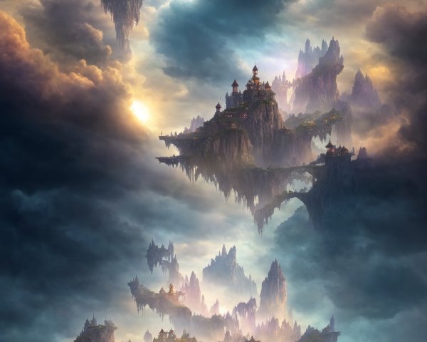 Ancient Asian-style architecture on floating islands at sunrise or sunset