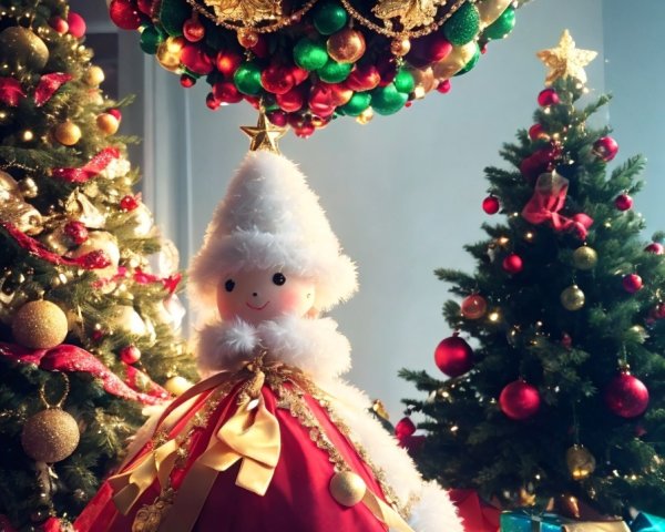 Plush Santa ornament in front of lavishly decorated Christmas tree