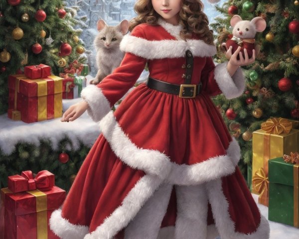 Girl in Santa Claus Costume with Stuffed Bear and Squirrel in Snowy Winter Scene