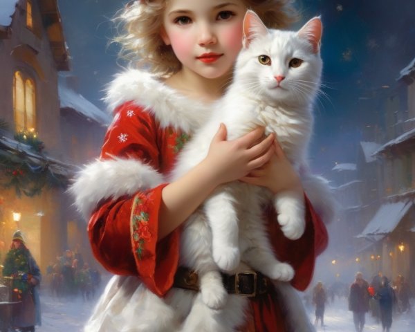 Young woman in festive attire with fur-trimmed cloak holding white cat in snowy vintage street.