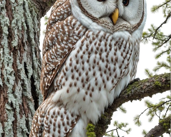 Close-up of a barred owl on a pine tree with blue eyes