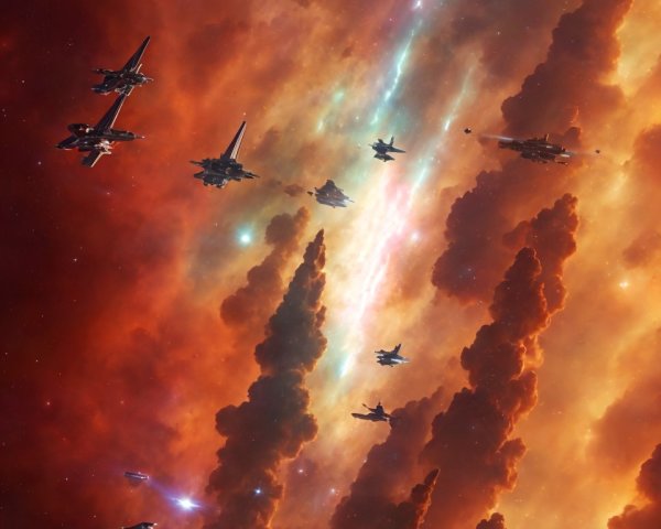 Spaceships navigate vibrant cosmic nebula with fiery orange hues.