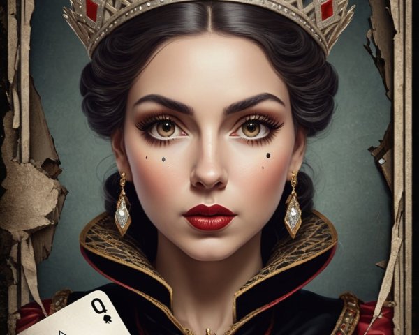 Digital Artwork: Woman with Queen's Crown in Vintage Card Aesthetic