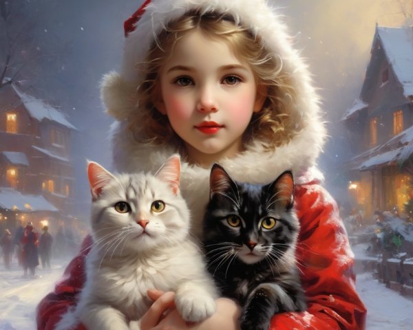 Young girl in Santa hat with two cats in snowy village.