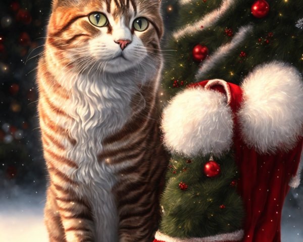 Tabby Cat with Christmas Stocking and Tree in Winter Scene