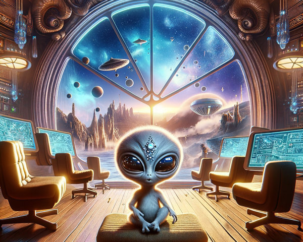 Alien in futuristic spaceship with large window overlooking outer space