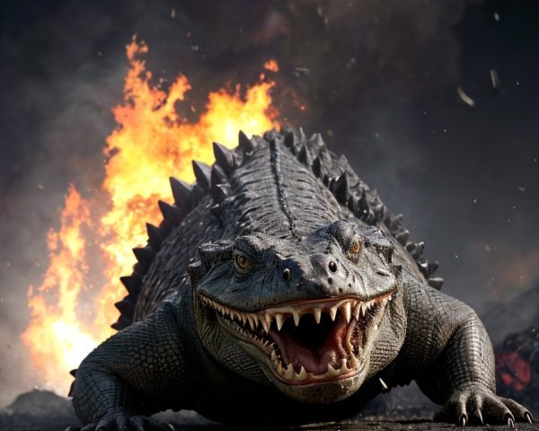 Crocodile with sharp teeth amidst fiery explosion scene