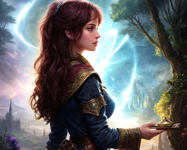Fantasy illustration of young woman with compass in medieval attire