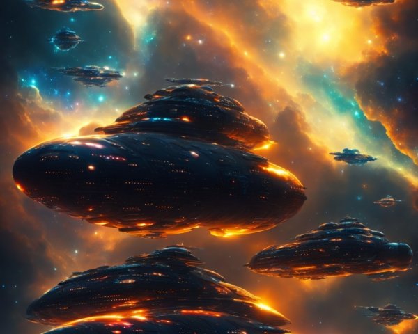 Dark oval-shaped UFOs in vibrant cosmic scene with stars, nebulae, and planet