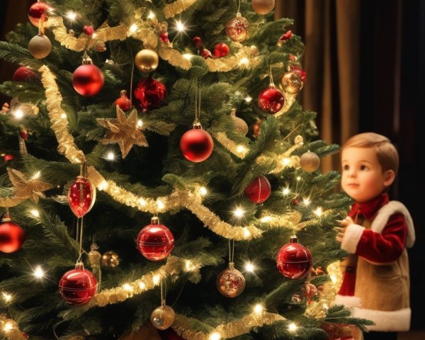 Child admires brightly decorated Christmas tree with glowing lights and red ornaments