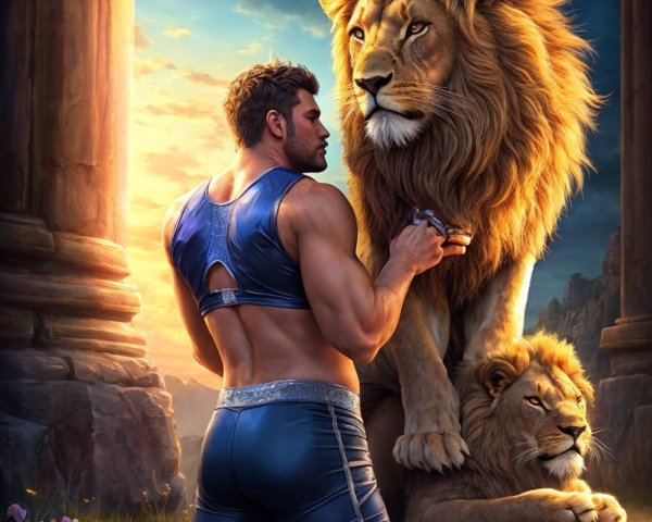 Man in athletic gear standing beside majestic lion at sunset among ancient ruins