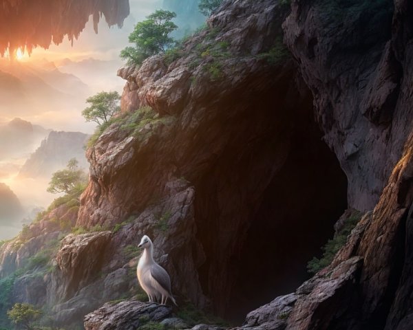 Mysterious landscape with bird, misty forests, and floating islands