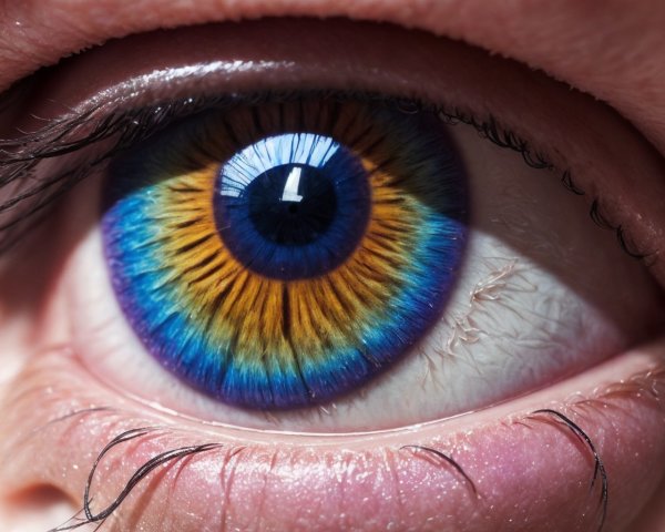 Close-up of vibrant blue and yellow human eye with black pupil
