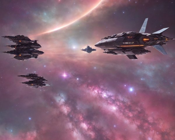Futuristic spacecraft squadron in vibrant cosmic nebula