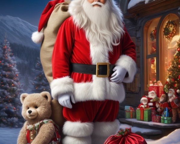 Santa Claus with gifts under full moon on snowy night by window
