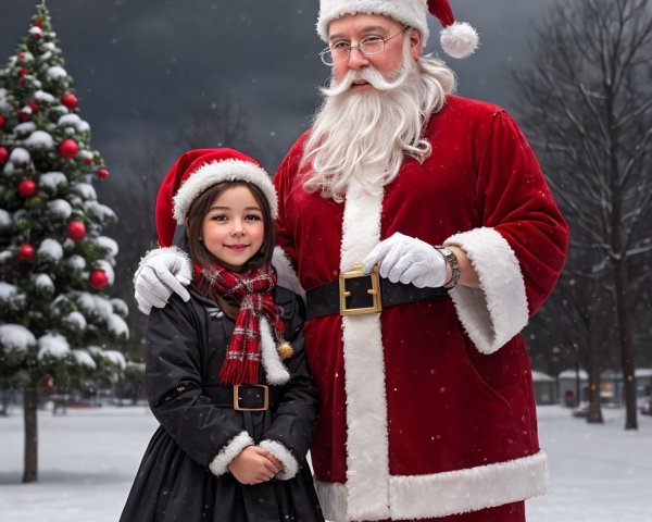 Santa Claus and child pose by Christmas tree in snowy scene