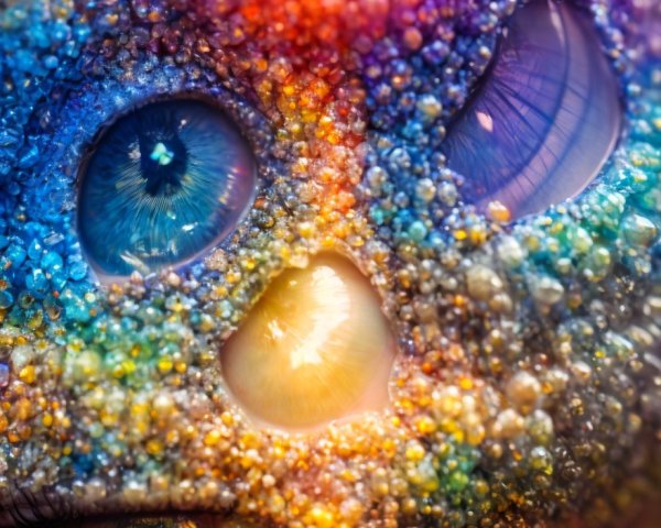 Colorful Close-Up Artwork Featuring Multiple Intricate Eyes and Cosmic Textures