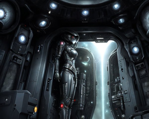 Armored astronaut in futuristic spaceship corridor with large cosmos viewing window